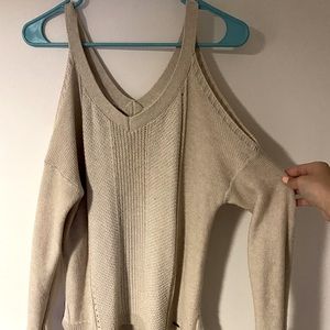 beige open shoulder hollister sweater